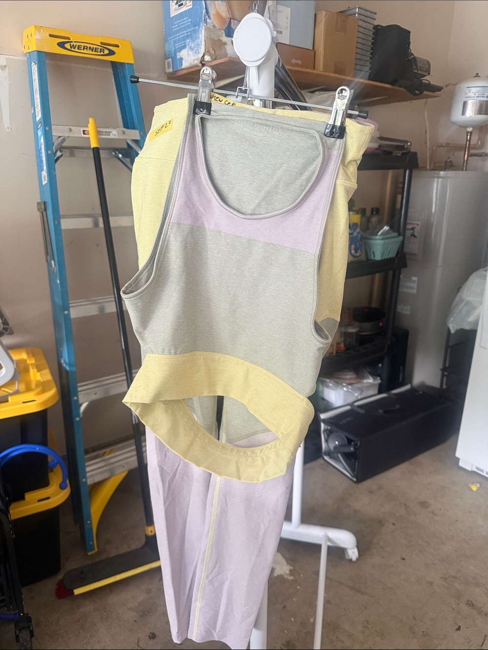 Outdoor Voices Two-Tone Racerback Sports Bra & Leggings Set in Yellow & Lavender